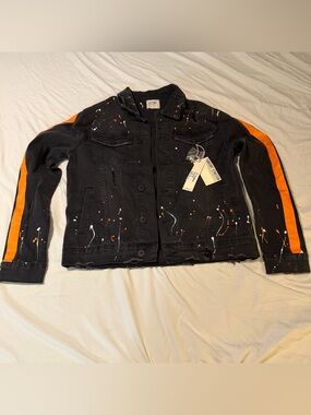 Black Paint-Splatter Denim Jacket with Orange Sleeve Detail